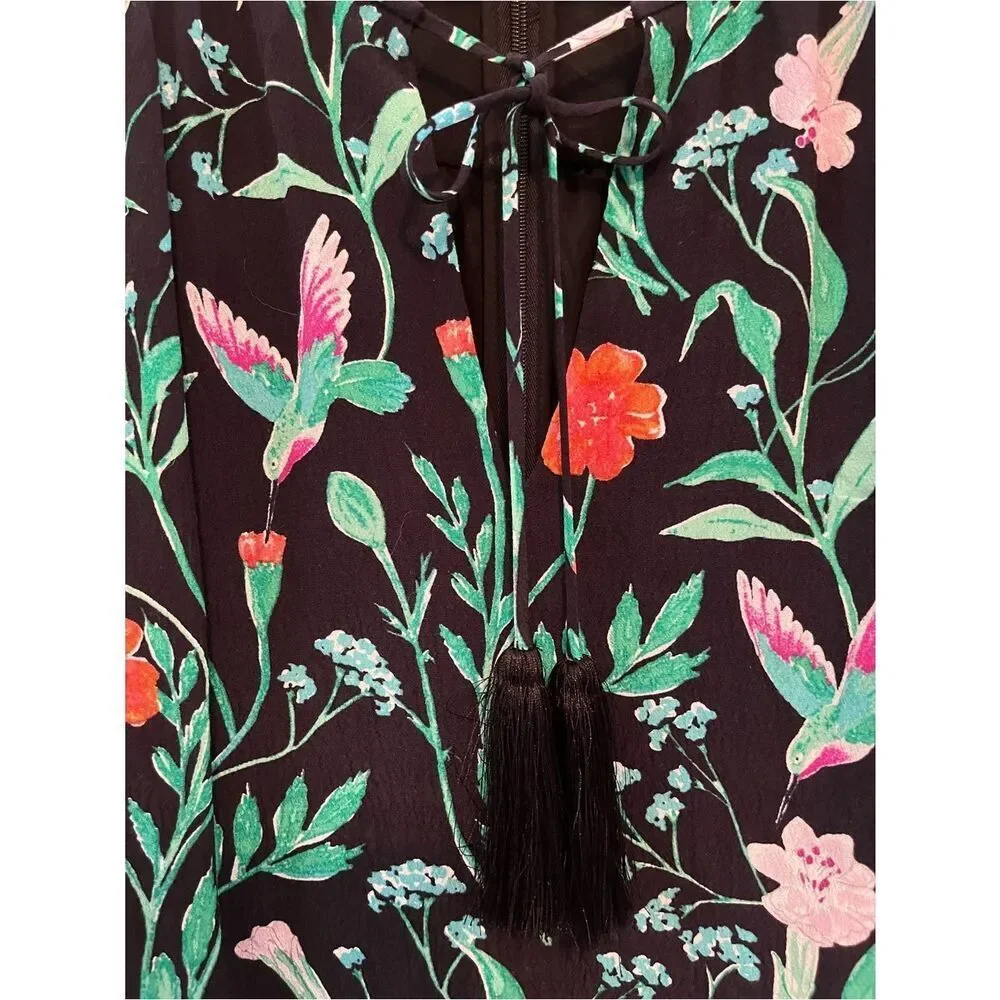 Kate Spade Hummingbird Floral Romper Black Crepe Tassel XS